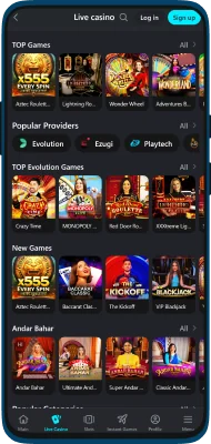 Screenshot of the live casino section in the Glassi Casino App