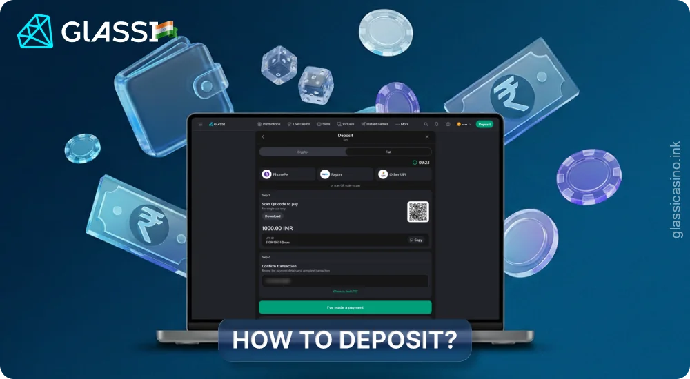 To make a deposit at Glassi Casino, players need to select a payment method and the amount they wish to deposit