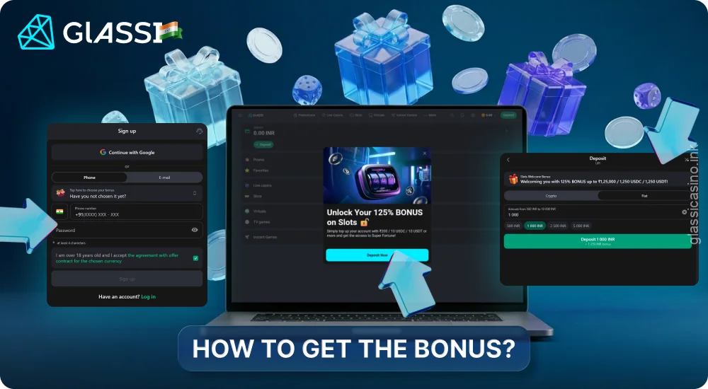 To receive the Glassi Casino bonus, you need to register and make a deposit