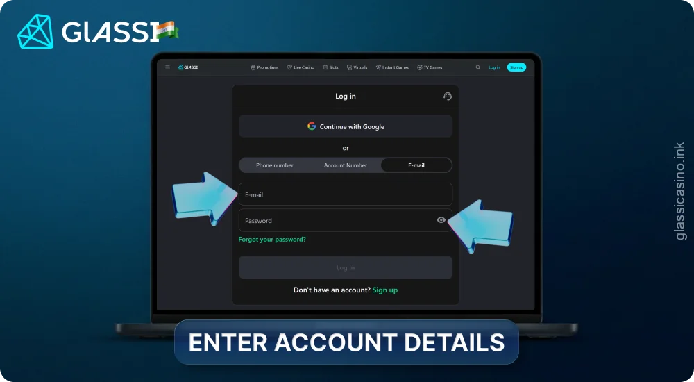 Enter your Glassi Casino account details