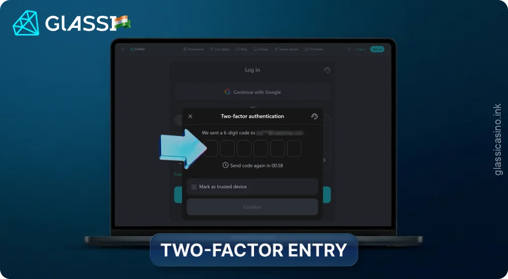 Enter the authentication code to log into your Glassi Casino account