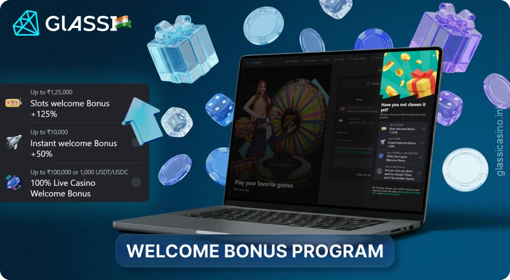 Glassi Casino offers welcome bonuses of up to 125% for slots, crash games, and the live casino
